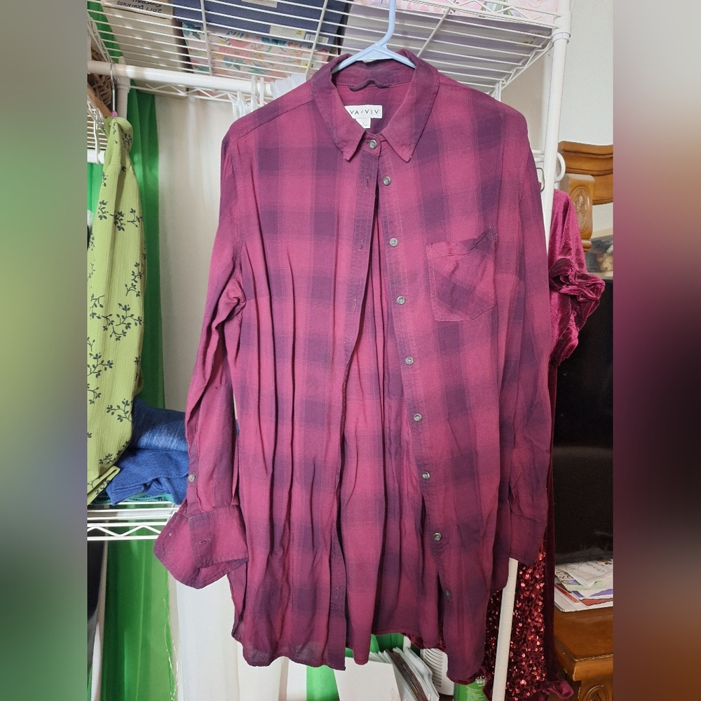 Plaid Button-Up Shirt in Burgundy Size 0X